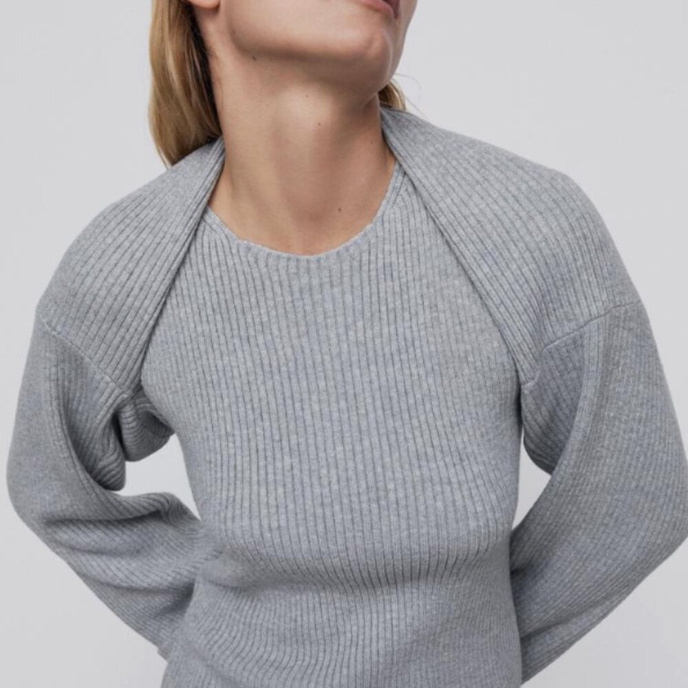 ZARA HEATHER GREY RIBBED SHRUG SIZE XS/S